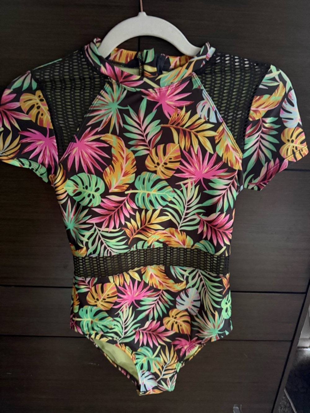 art class Black Tropical Print Girls Rash Guard Swimsuit with Neon Leaves